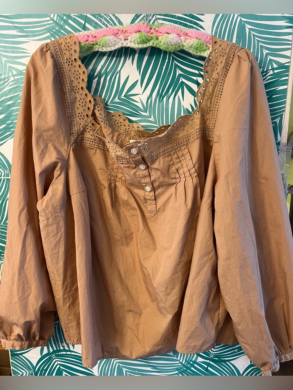 a.n.a Tan Embroider Eyelet-Trim Long-Sleeve Peasant Blouse Sz 2X cottage core